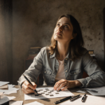 Female crossword creator writing with pen and partially completed puzzle on cluttered desk with warm light.