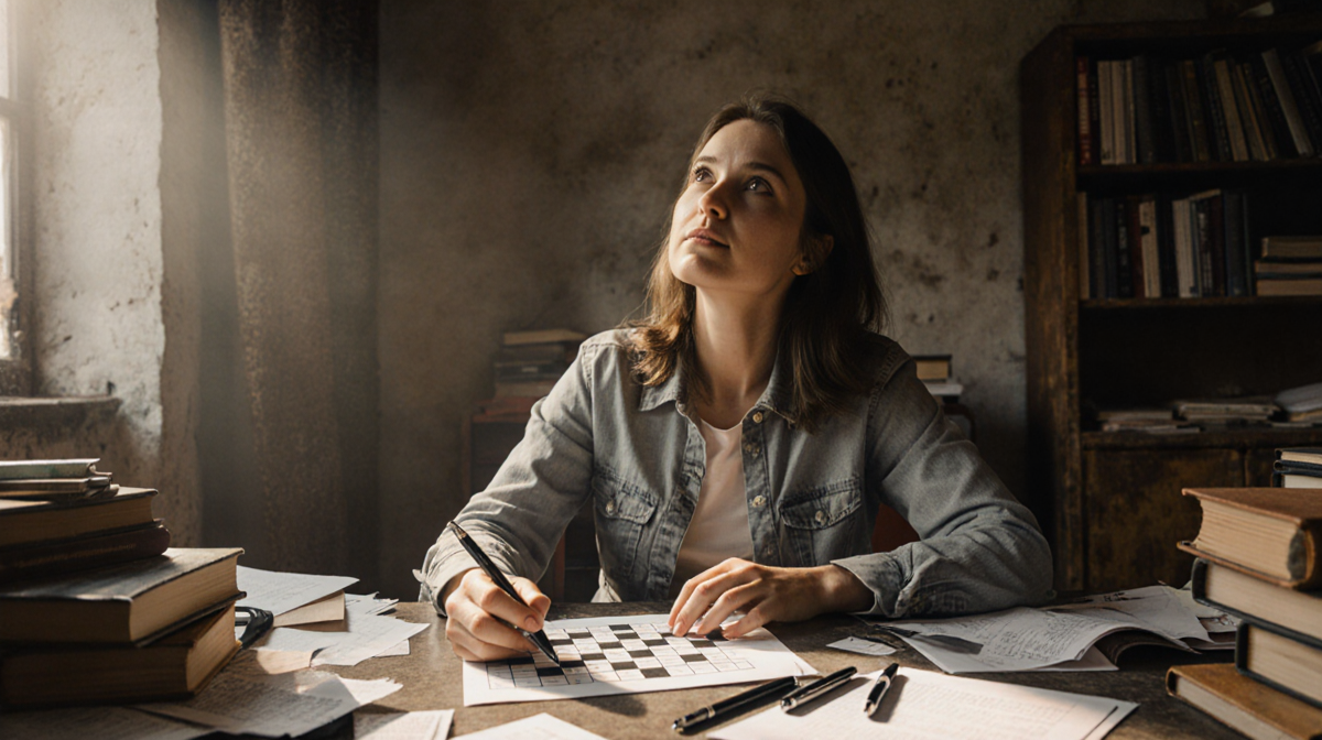 Female crossword creator writing with pen and partially completed puzzle on cluttered desk with warm light.