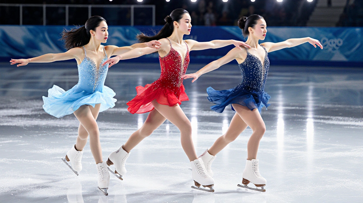 Three female figure skaters posing on ice with colorful costumes and rink lights reflecting on the surface