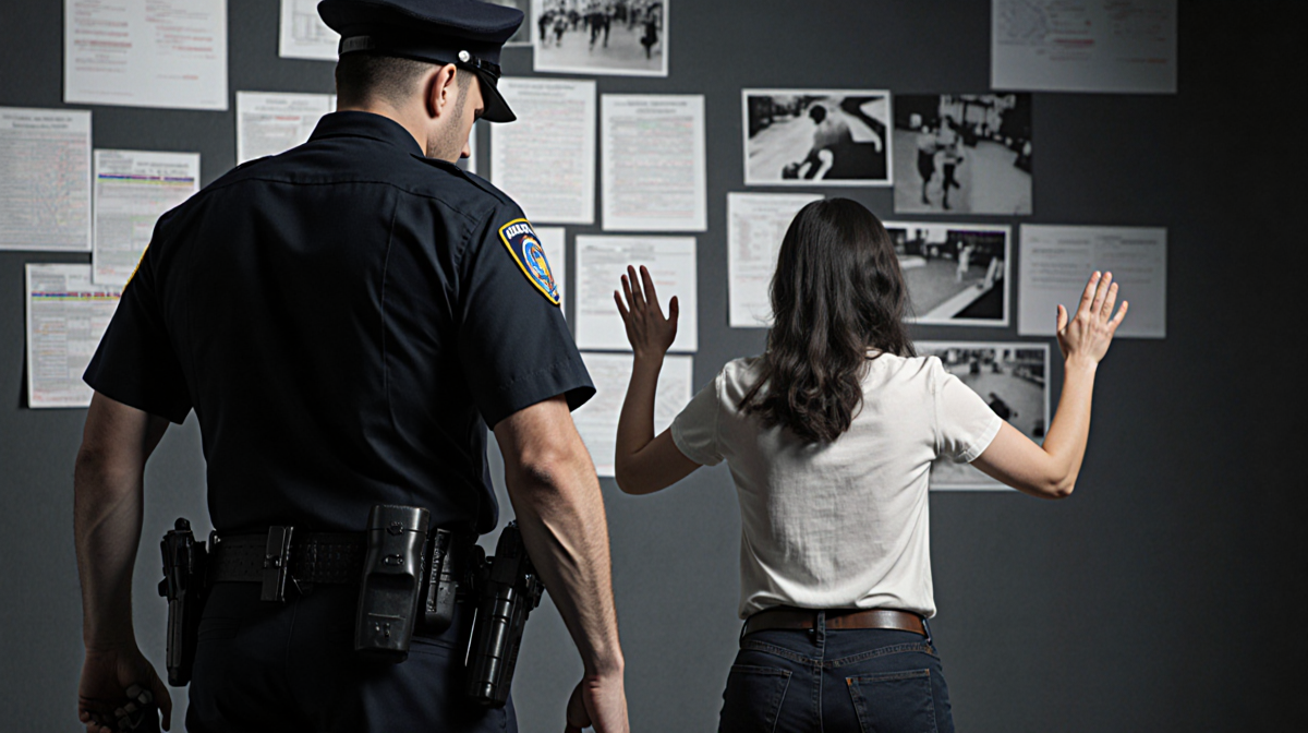 Female with raised hands stepping back toward officer with gun hand blurred investigation documents in background