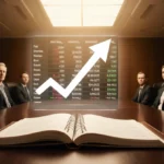 Executives celebrating in boardroom with rising stock chart on ledger showing 80-plus RS rating