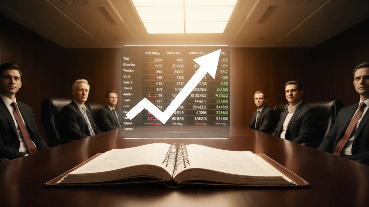 Executives celebrating in boardroom with rising stock chart on ledger showing 80-plus RS rating