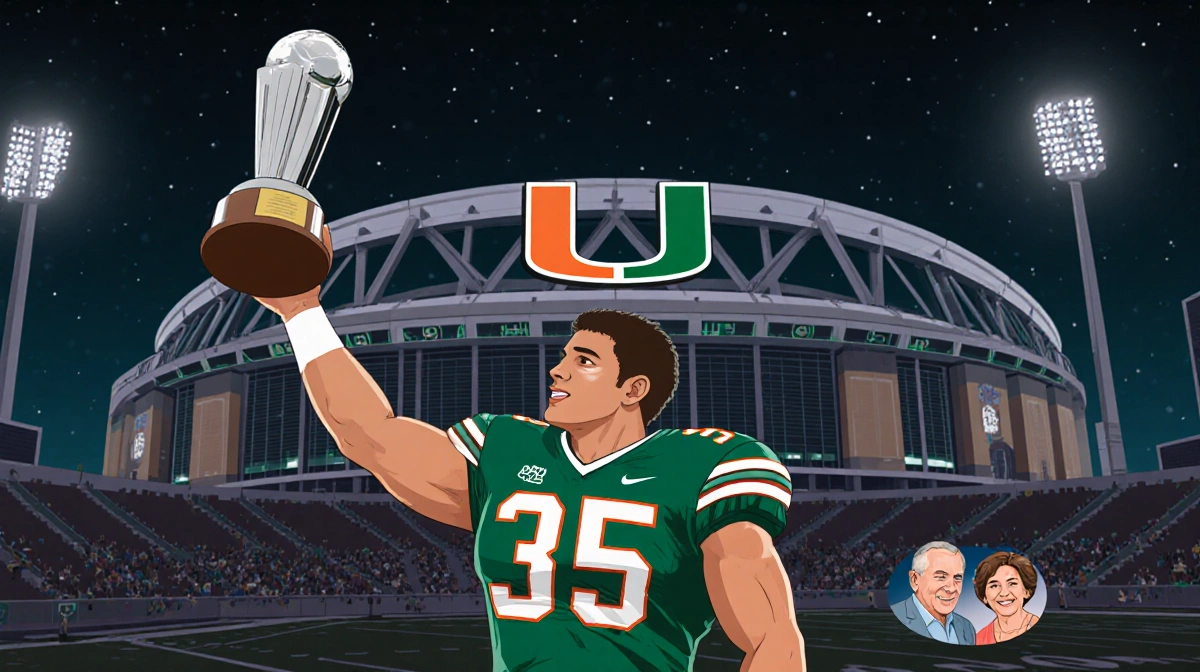 Fernando Mendoza holds the Heisman Trophy at Miami Hurricanes stadium with parents watching from stands