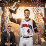Fernando Mendoza celebrating by raising trophy with triumphant expression and confetti while Jimmy Fallon grins in studio.