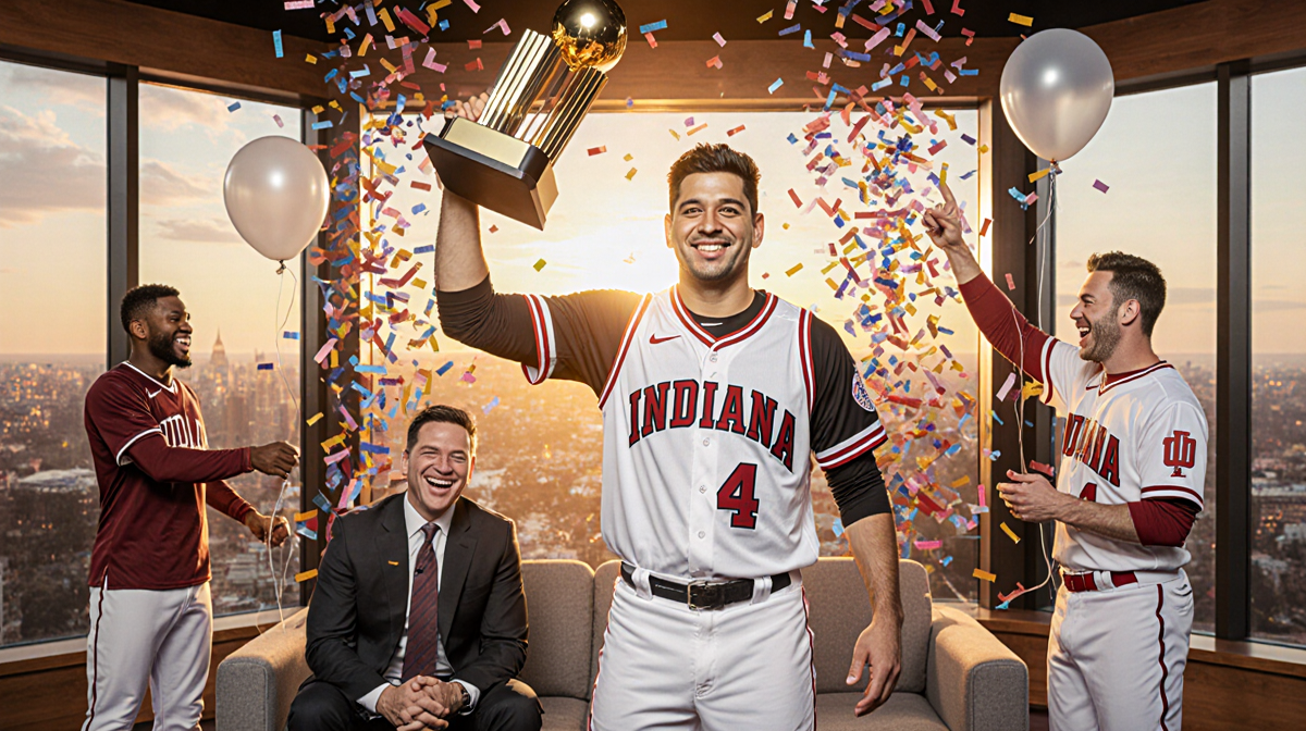 Fernando Mendoza celebrating by raising trophy with triumphant expression and confetti while Jimmy Fallon grins in studio.