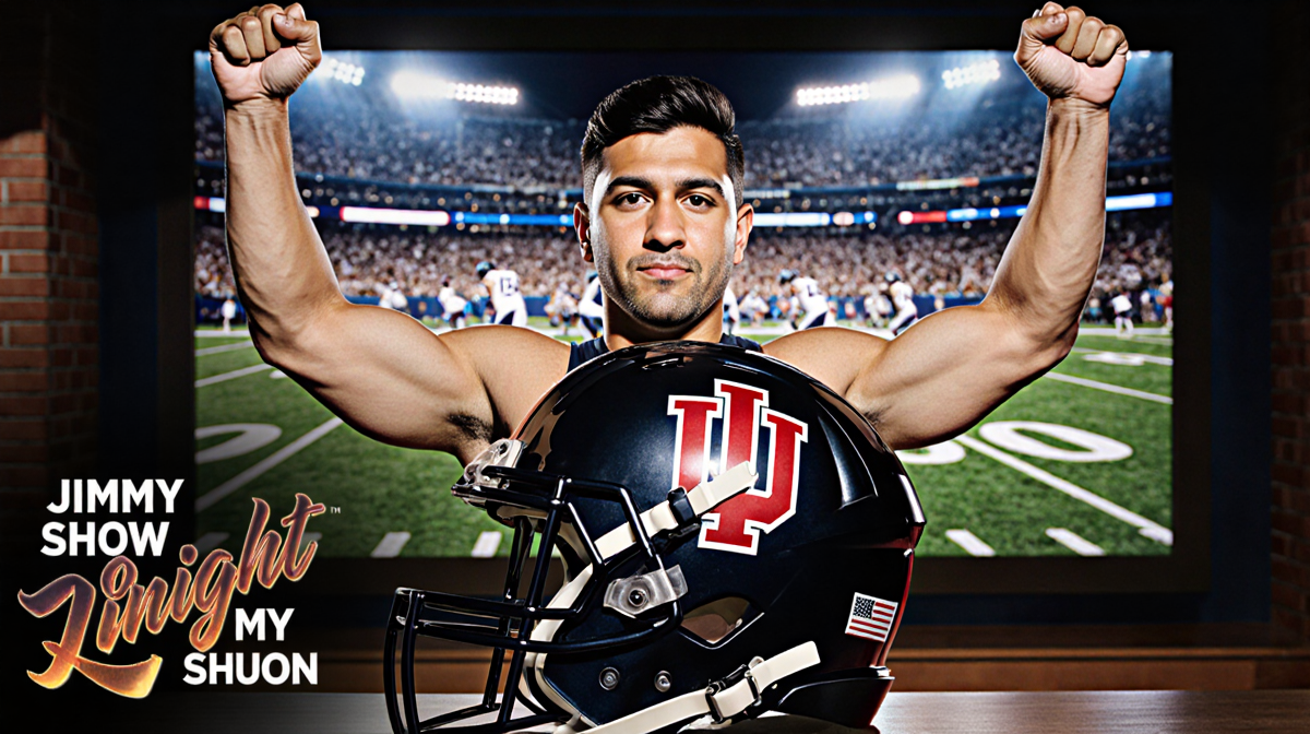 Fernando Mendoza raises arms over Indiana Hoosiers helmet with game highlights and Tonight Show backdrop glowing.