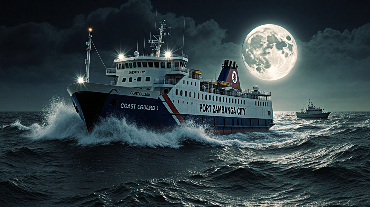 Ferry vessel struggling against rough waves with a bright full moon and 352 passengers displayed on its side