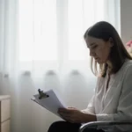 Woman sits with worried face holding clipboard diagnosis in fertility clinic waiting room with soft light and elegant flowers