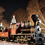 Holiday train rolls along Irvine Park Railroad with colorful cars and passengers amid snow‑covered trees and twinkling lights