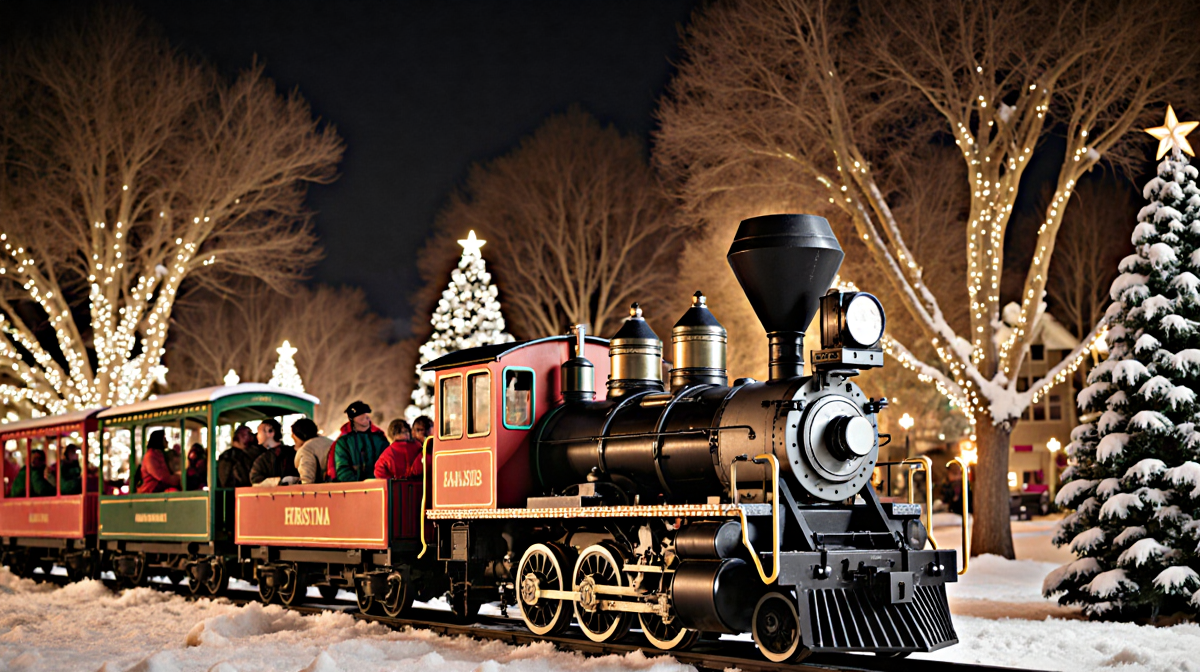 Holiday train rolls along Irvine Park Railroad with colorful cars and passengers amid snow‑covered trees and twinkling lights