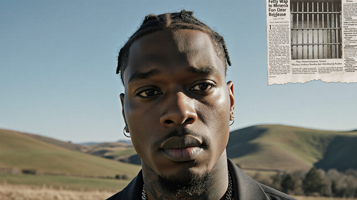 Fetty Wap staring thoughtfully with blurred Minnesota hills behind and faint jail cell hints.