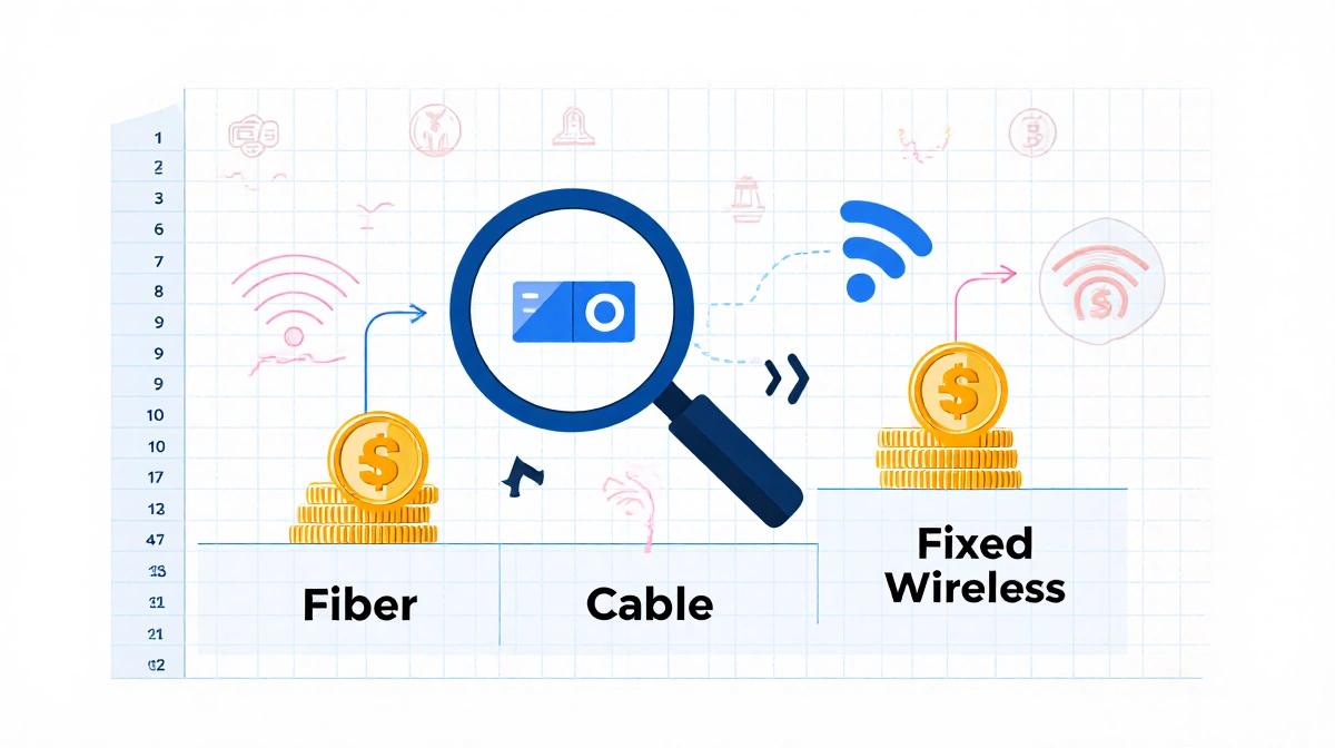 Comparison chart showing fiber cable and fixed wireless prices with magnifying glass highlighting lowest cost option and grid