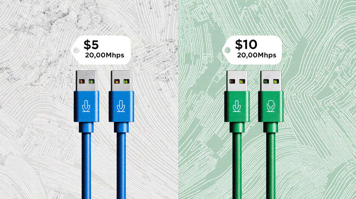 Split-screen shows two cables with download and upload speeds and price tags of $50 and $110 on a fiber-optic background