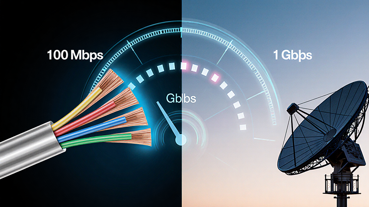 Split-screen network diagrams compare fiber-optic cables with silver shine to thicker copper DSL lines and a rugged satellite