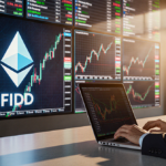 Business professional typing on laptop with Fidelity Digital Dollar logo on Ethereum screen and crypto market data behind
