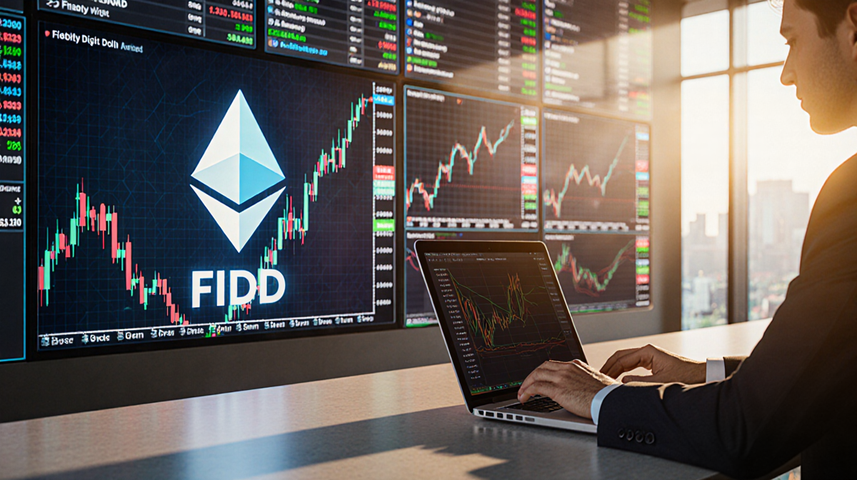 Business professional typing on laptop with Fidelity Digital Dollar logo on Ethereum screen and crypto market data behind