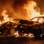 Two burning cars crash on Highland Avenue with orange flames and rising smoke showing emergency scene