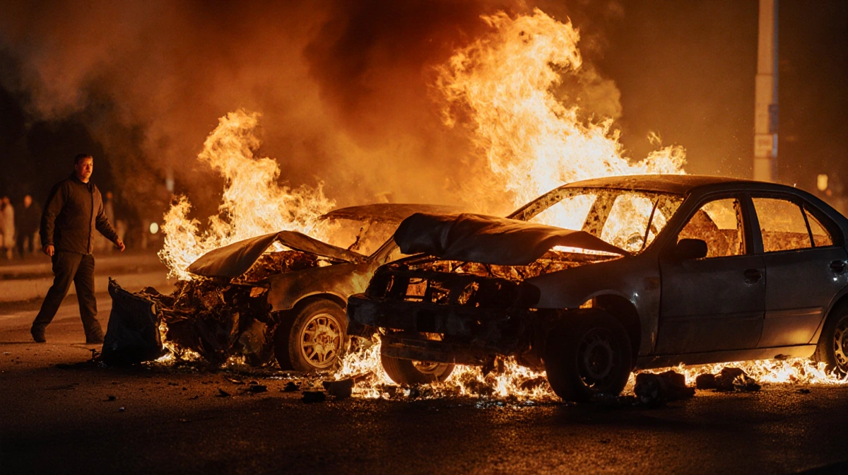 Two burning cars crash on Highland Avenue with orange flames and rising smoke showing emergency scene