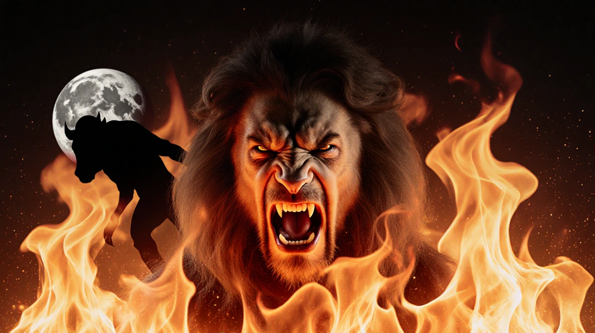 Fiery zodiac sign glowing with flames and embers with person's fearful yet determined face showing relationship turmoil