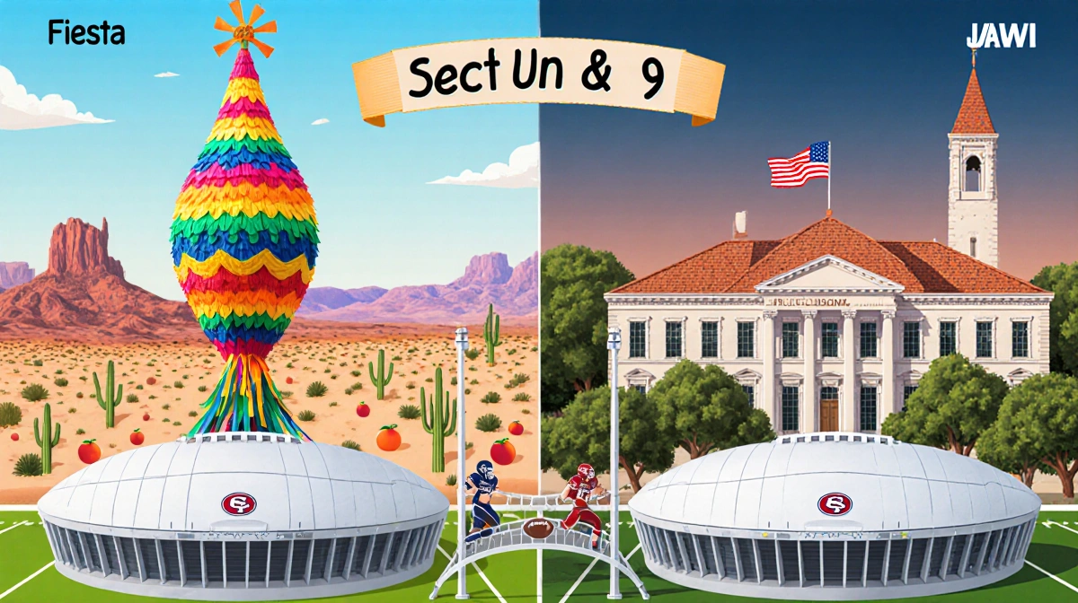 Stadiums link side by side with a piñata and Southern mansion backdrop and football flags bridge Jan. 8/9 showing matchups