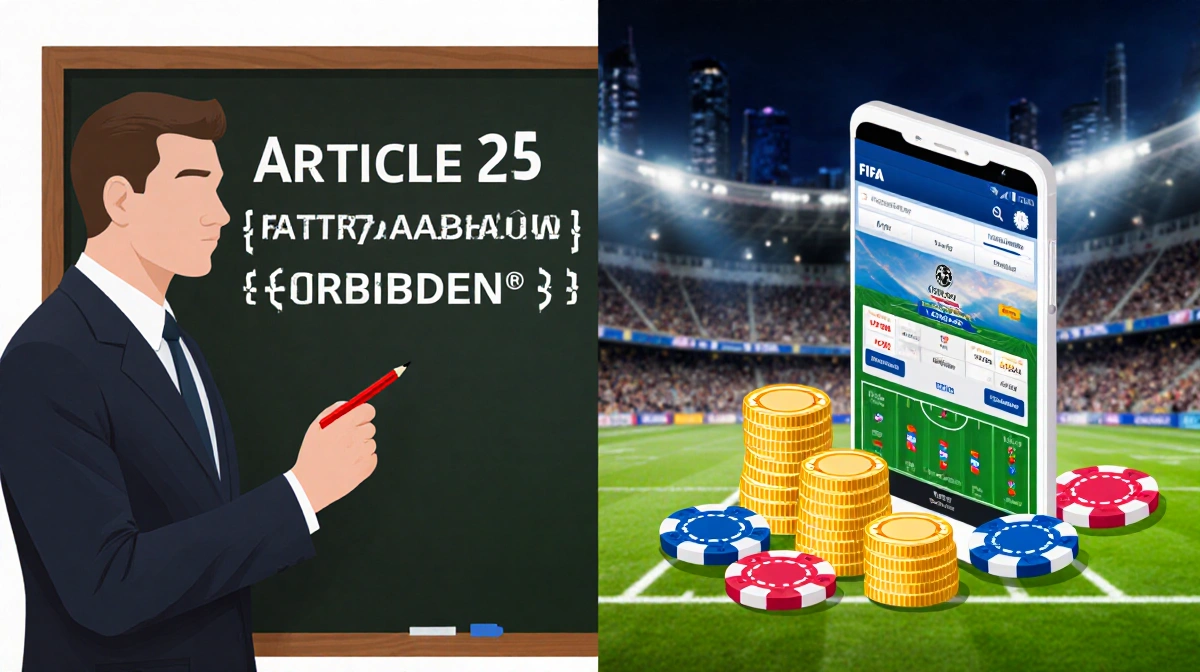 FIFA official writing Article 25 ban with betting app and coins on opposite side