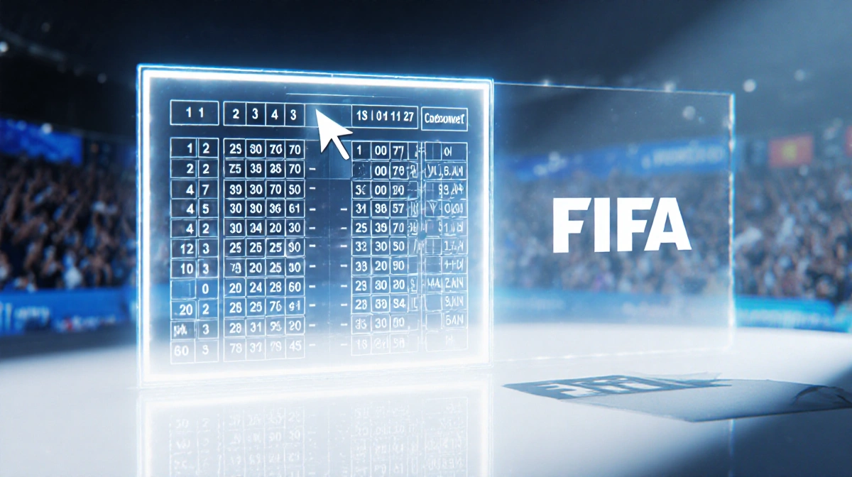 Transparent screen revealing FIFA World Cup draw results with glowing grid of numbers and letters while cursor highlights win