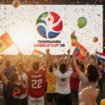 Diverse Los Angeles fans celebrate FIFA World Cup 26 with Telemundo 52 logo on stadium screen and waving national flags