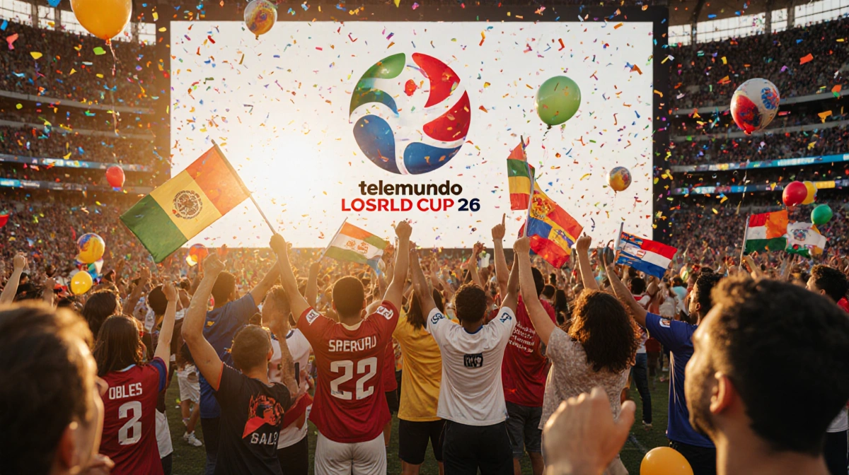 Diverse Los Angeles fans celebrate FIFA World Cup 26 with Telemundo 52 logo on stadium screen and waving national flags