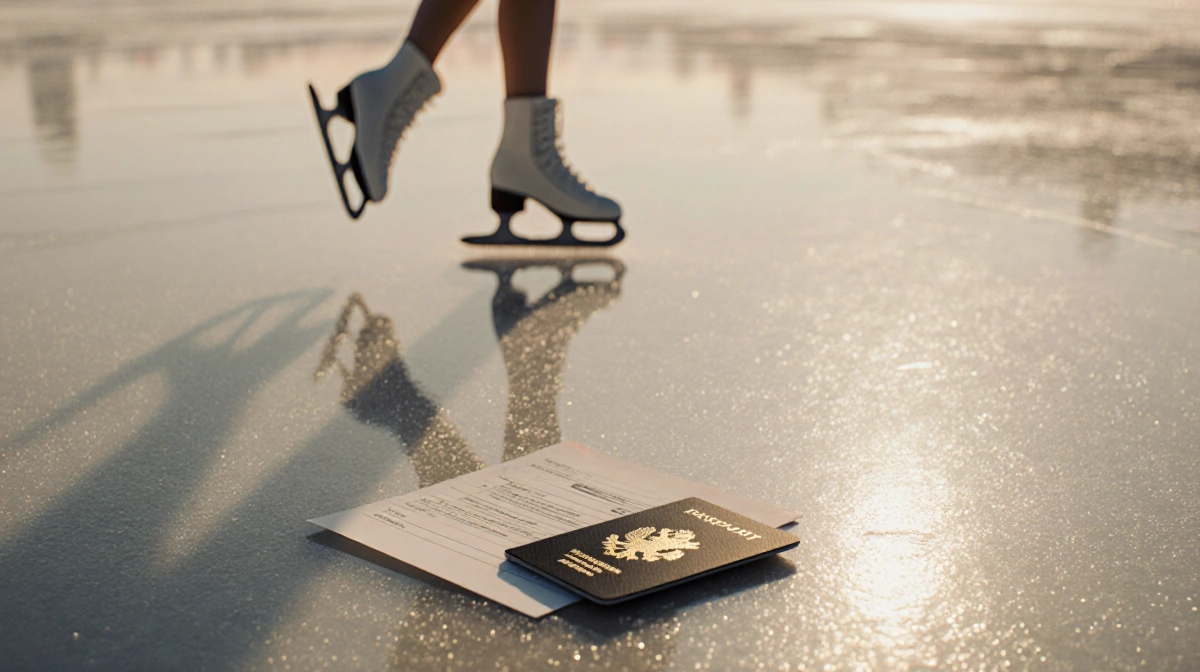 Figure skater frozen mid-jump with abandoned passport on ice edge and golden sunset glow