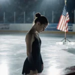 Figure skater looking down at ice with American flag behind and rink lights reflecting off surface