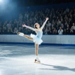 Figure skater balancing on one leg with arms extended and golden spotlight on skates with cheering crowd in background