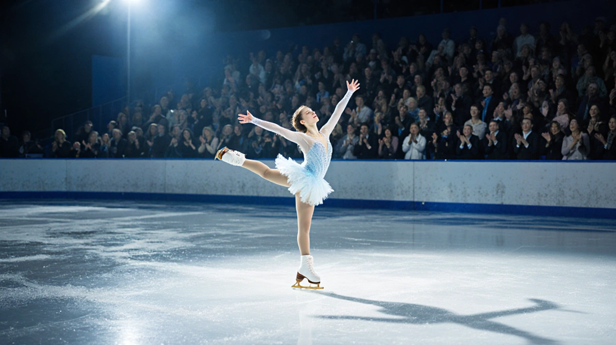 Figure skater balancing on one leg with arms extended and golden spotlight on skates with cheering crowd in background