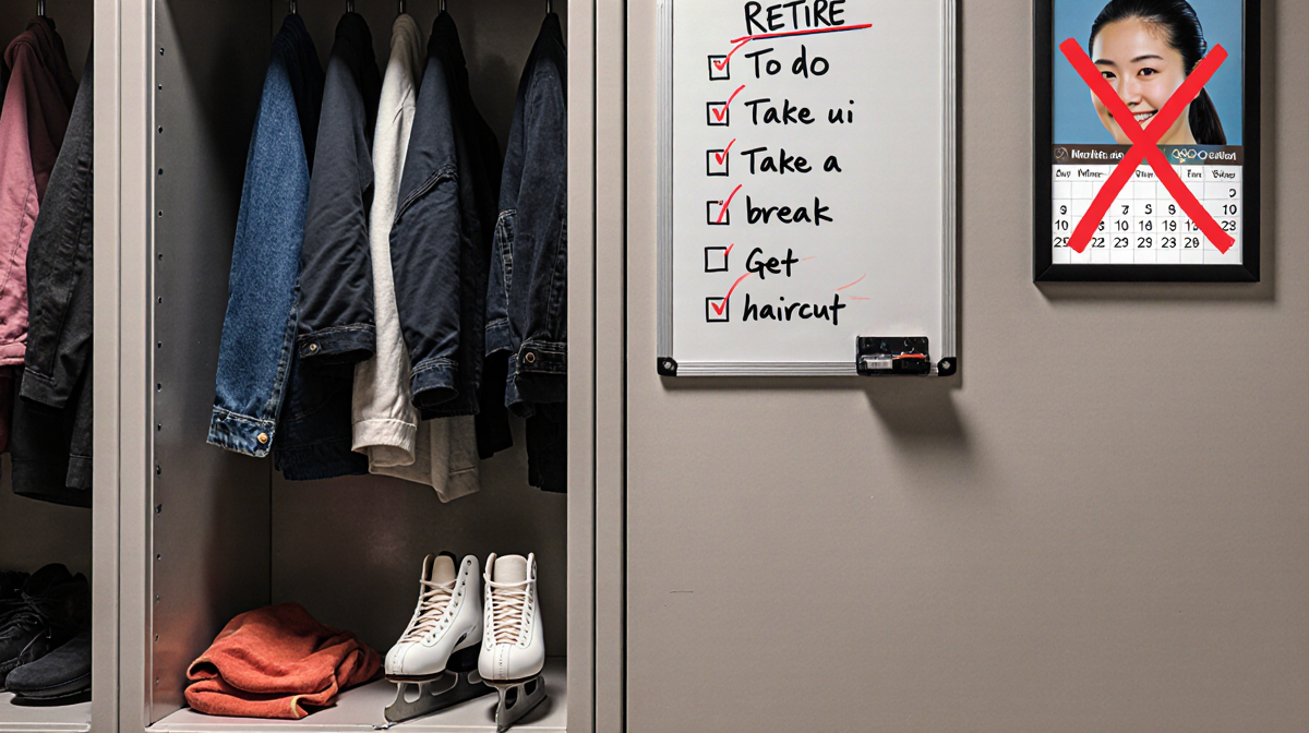 Locker room displays cluttered clothes and personal items with a whiteboard reading Take a break near worn-out ice skates.