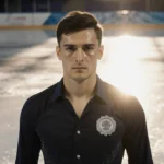 Figure skater Maxim Naumov stands triumphantly at ice rink edge with tears in his eyes and Olympic pin catching sunset light