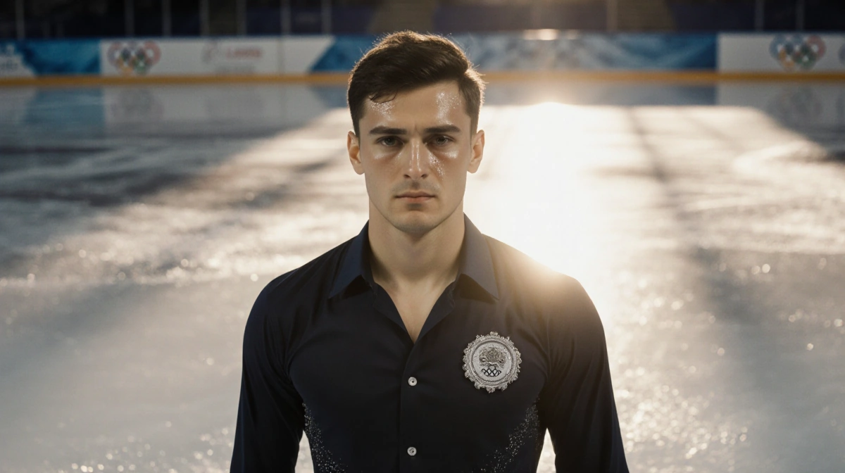 Figure skater Maxim Naumov stands triumphantly at ice rink edge with tears in his eyes and Olympic pin catching sunset light