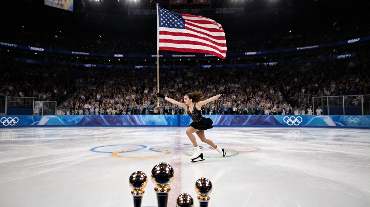 Figure skater gliding across ice with American flag waving and Olympic medals shining on podium