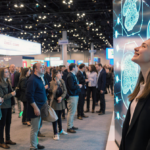 Young woman smiles while watching a holographic AI display of organs with crowds in a CES convention.