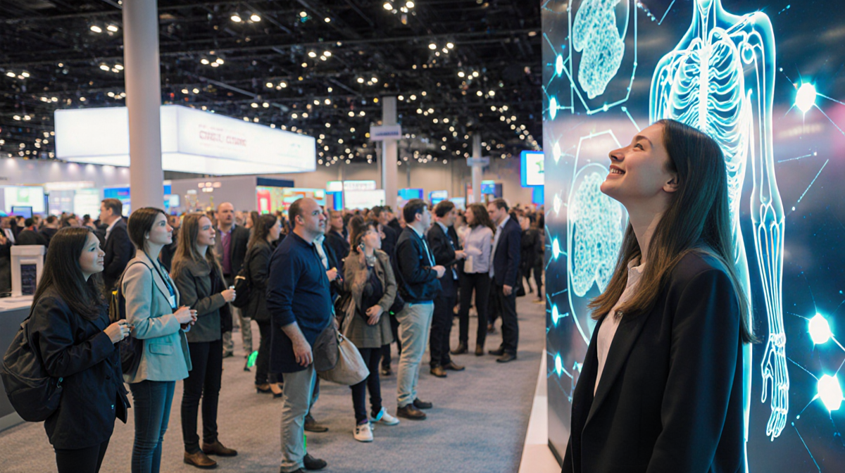 Young woman smiles while watching a holographic AI display of organs with crowds in a CES convention.