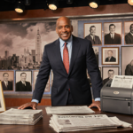 Al Roker stands at a nostalgic Today show desk with a vintage printer and newspapers and framed awards in warm lighting