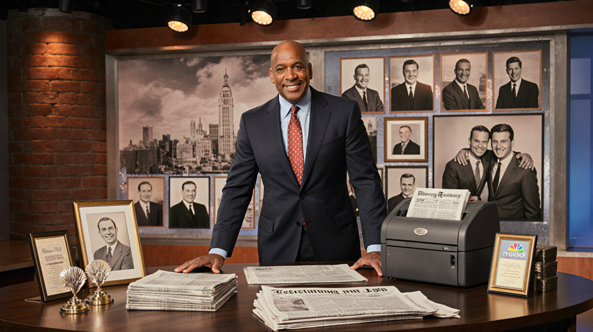 Al Roker stands at a nostalgic Today show desk with a vintage printer and newspapers and framed awards in warm lighting