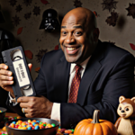 Al Roker smiles while holding a VHS tape with dim Star Wars décor and empty Halloween candy bowls