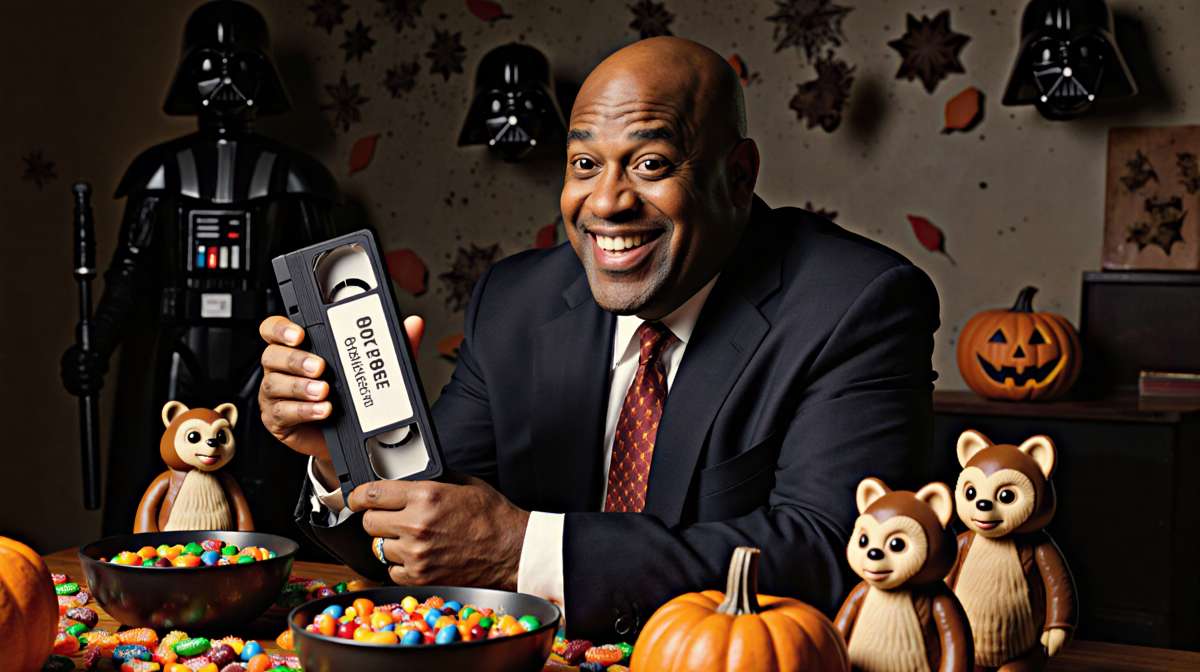 Al Roker smiles while holding a VHS tape with dim Star Wars décor and empty Halloween candy bowls