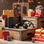 Products arranged on crates with a portable charger headphones and batteries red and warm lighting Amazon deals under $100