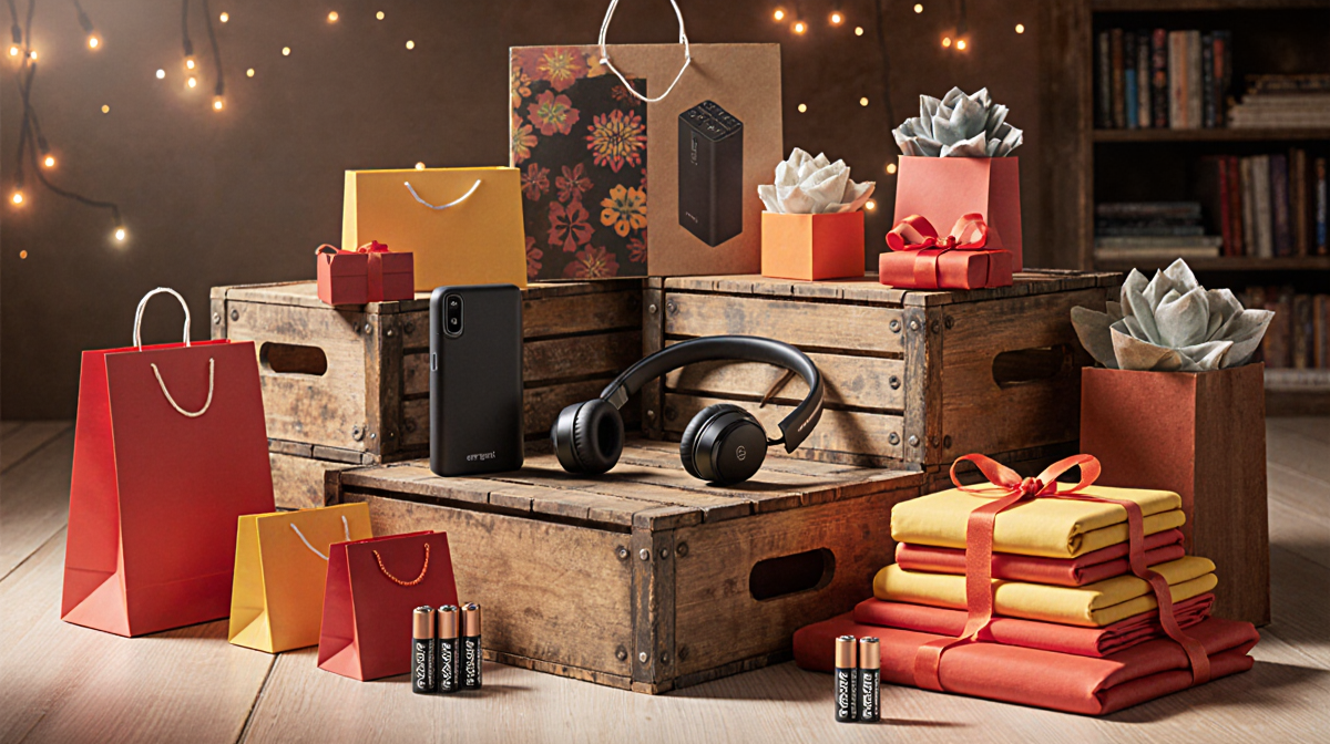 Products arranged on crates with a portable charger headphones and batteries red and warm lighting Amazon deals under $100