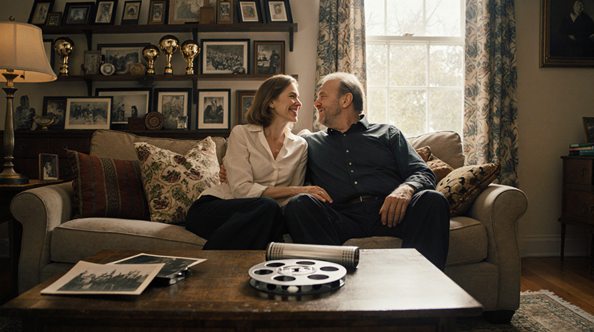 Amy Madigan and Ed Harris laughing together on a couch with warm natural light and family photos.