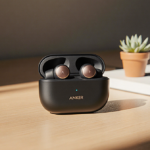 Anker wireless earbuds sitting on a wooden desk with a green plant and soft warm lighting