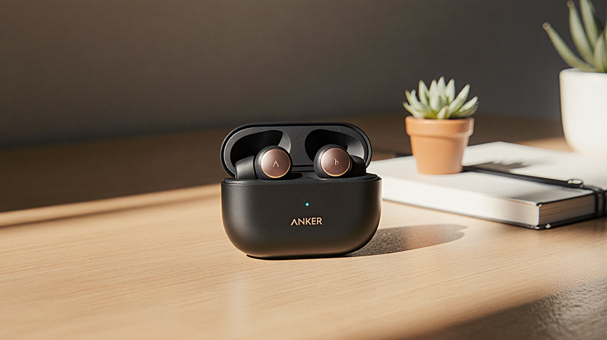 Anker wireless earbuds sitting on a wooden desk with a green plant and soft warm lighting