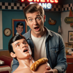 Anson Williams holding a mannequin with a fake food item stuck in its throat with a Happy Days set and diner backdrop.