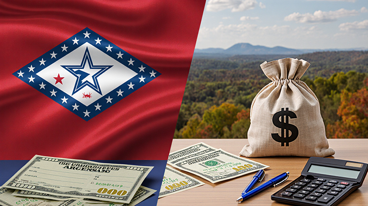 Winning tickets spread on table with calculators and pens while Arkansas state flags show large money bags.