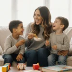 Ashley Graham laughing with her children on a couch in a cozy living room family portrait toys and books scattered around